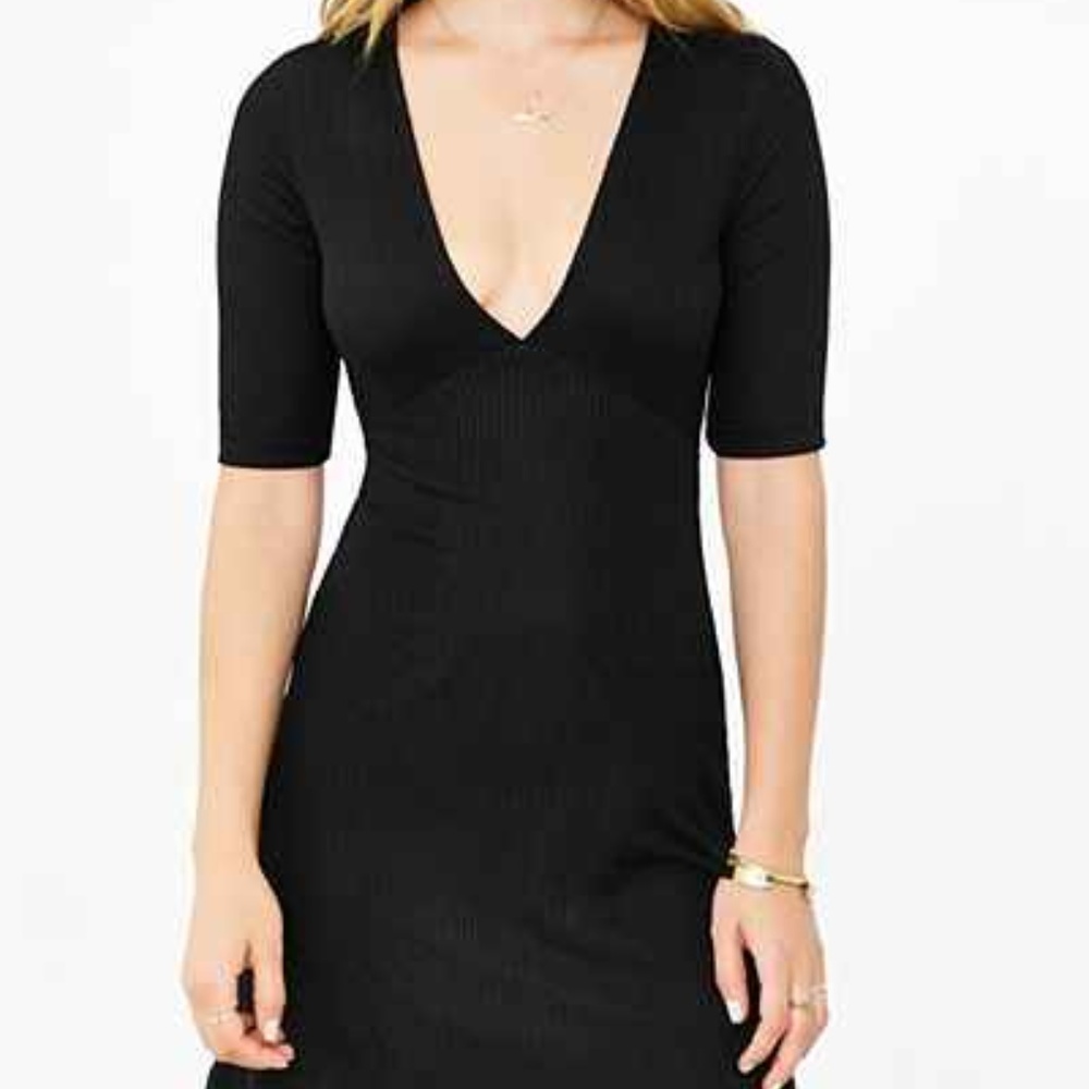 UO Silence + Noise Ribbed Knit Deep V-Neck Dress